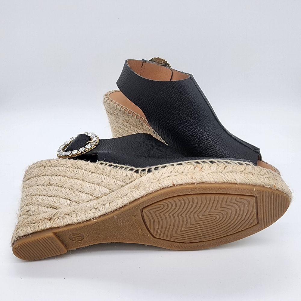 Maypol Spain Wedge Sandals Leather Black Rhinestone Buckle Size 39 or 9 - Picture 11 of 13